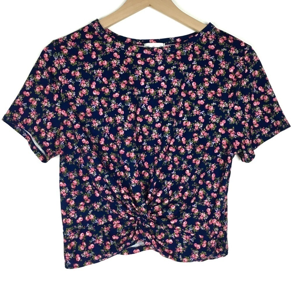 GAZE Crop Top Floral Roses Twist Front Shirt Sleeve T Shirt Fitted Size Large